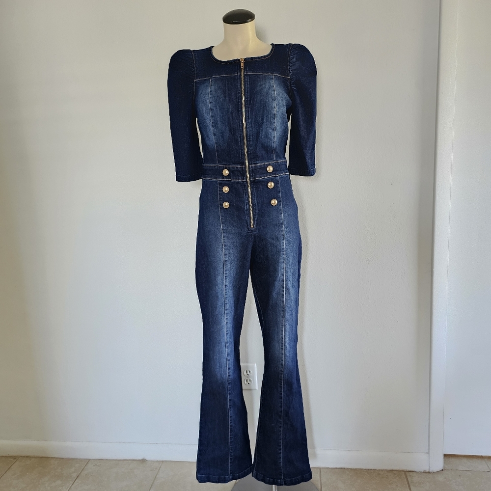 Venus Denim Retro Zip-up Half Sleeve Puff Shoulders Square Neck Flare Jumpsuit